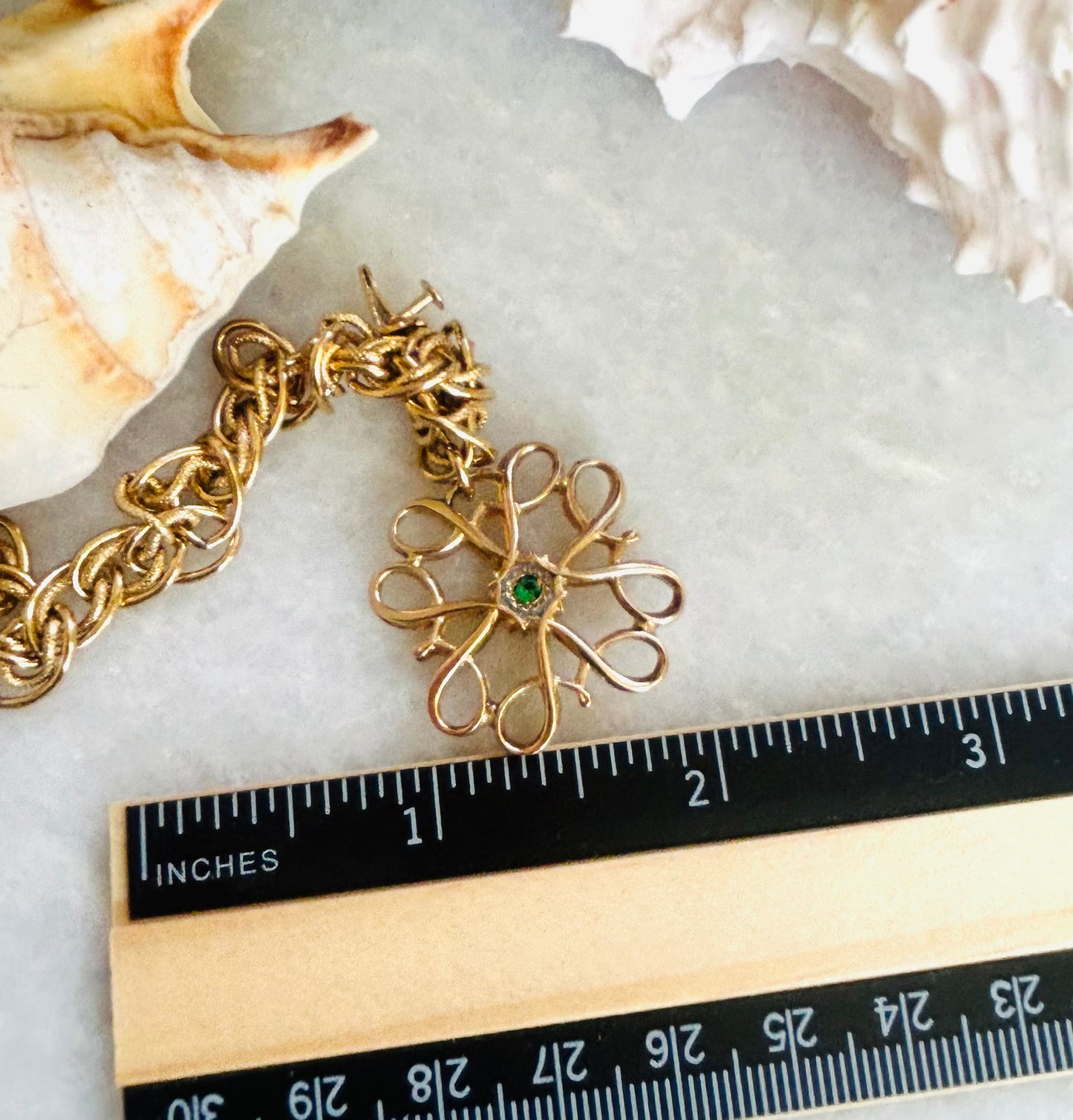 Link Bracelet with Large Flower Charm & Green Center Accent.