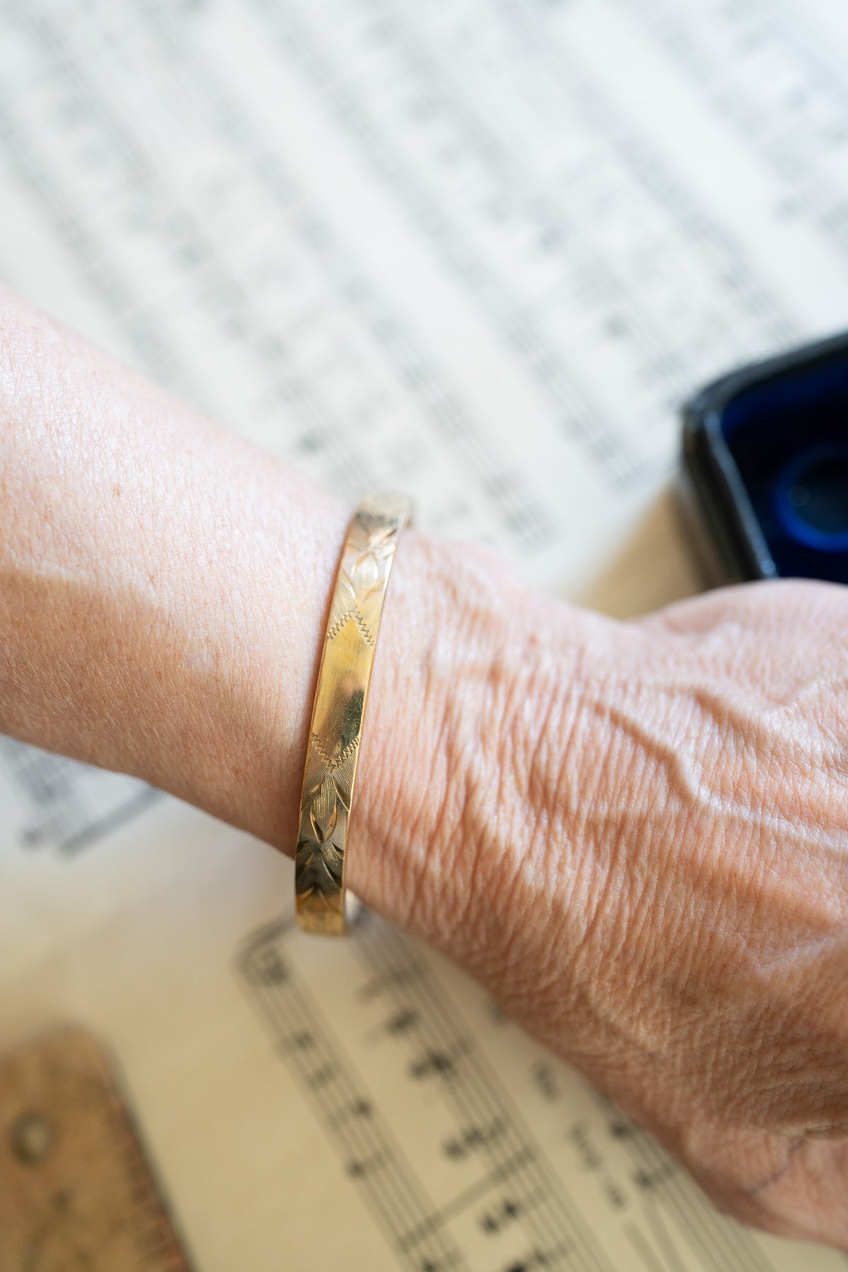 Etched Narrow Antique Gold-Filled Bracelet