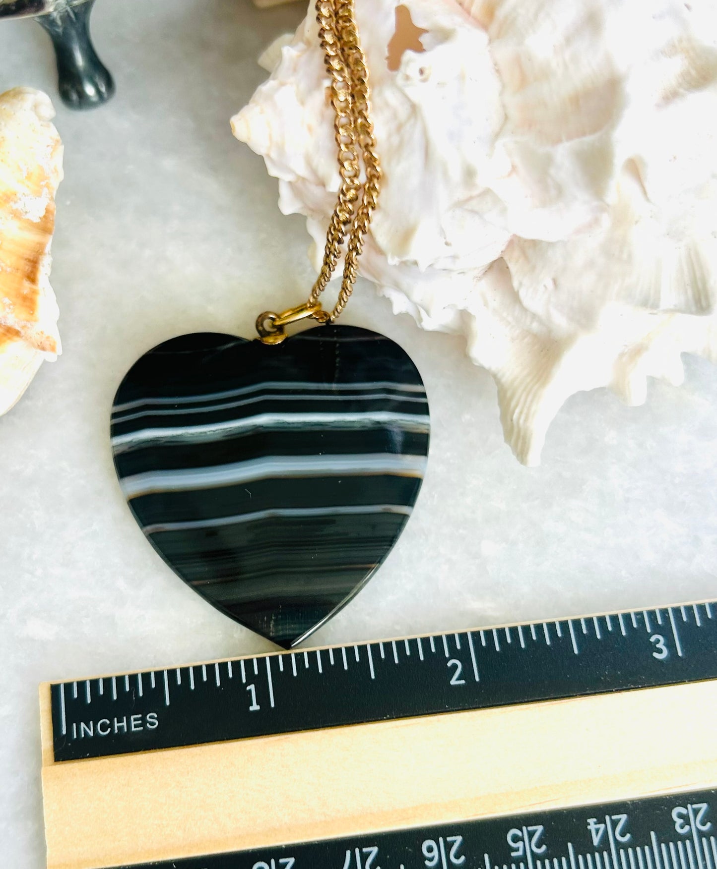 Black & White Banded Agate Heart Pendant with 21-inch Chain