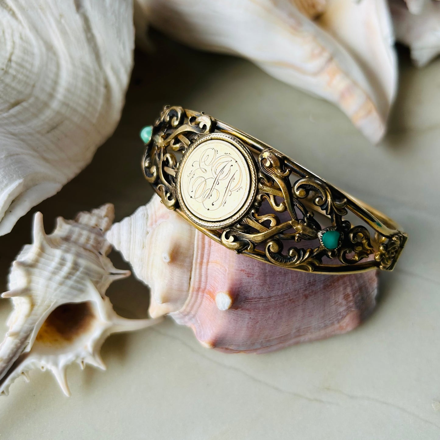 Engraved Cartouche Bracelet with Turquoise Accents
