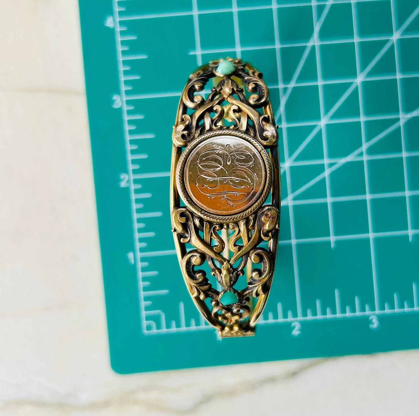 Engraved Cartouche Bracelet with Turquoise Accents