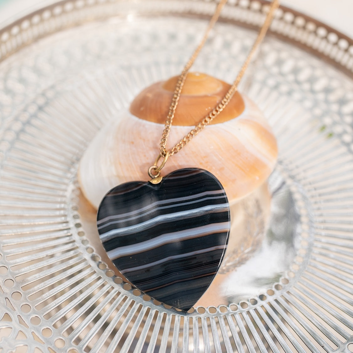 Black & White Banded Agate Heart Pendant with 21-inch Chain
