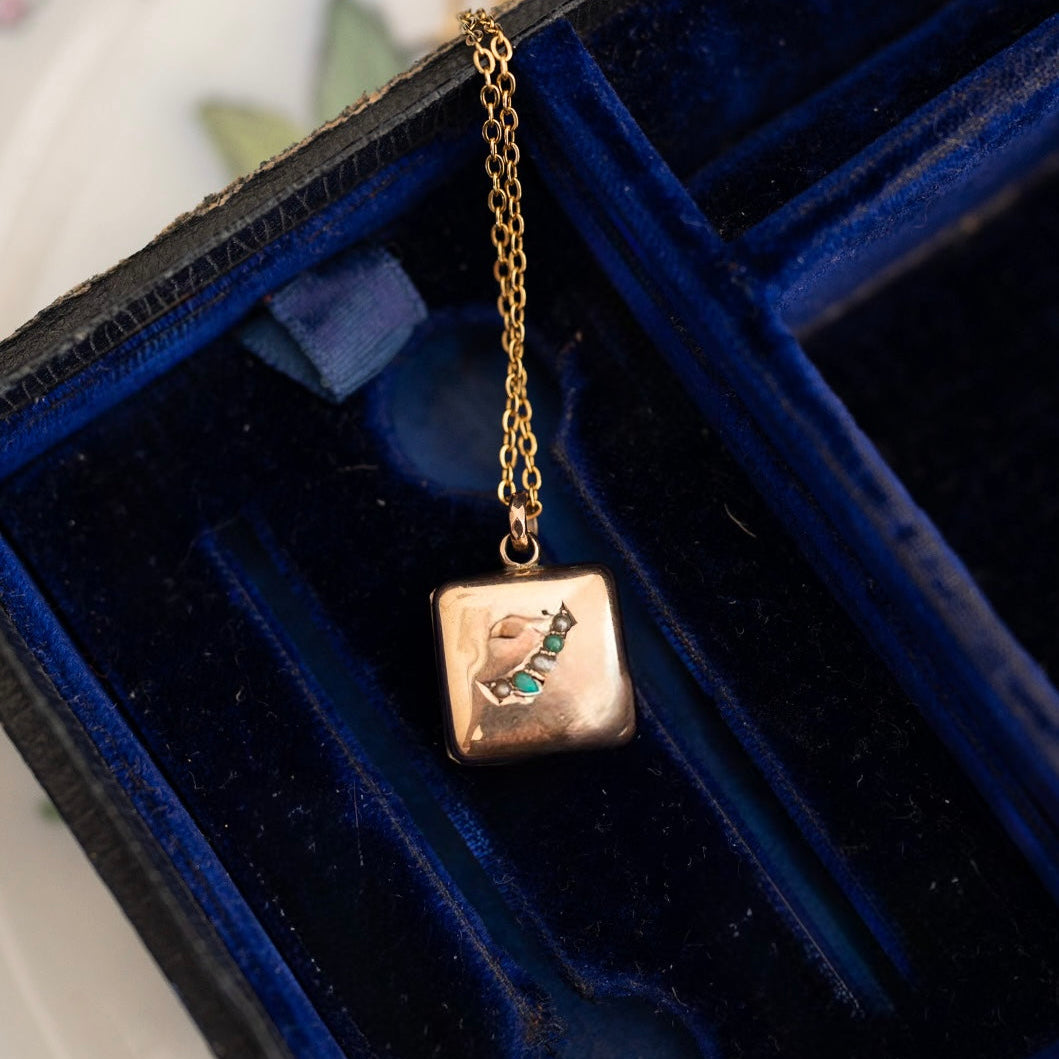 Petite Square Locket with Turquoise & Pearl Accent