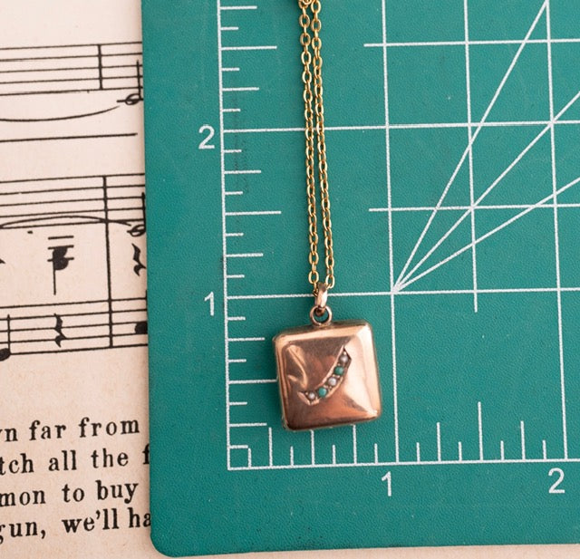 Petite Square Locket with Turquoise & Pearl Accent