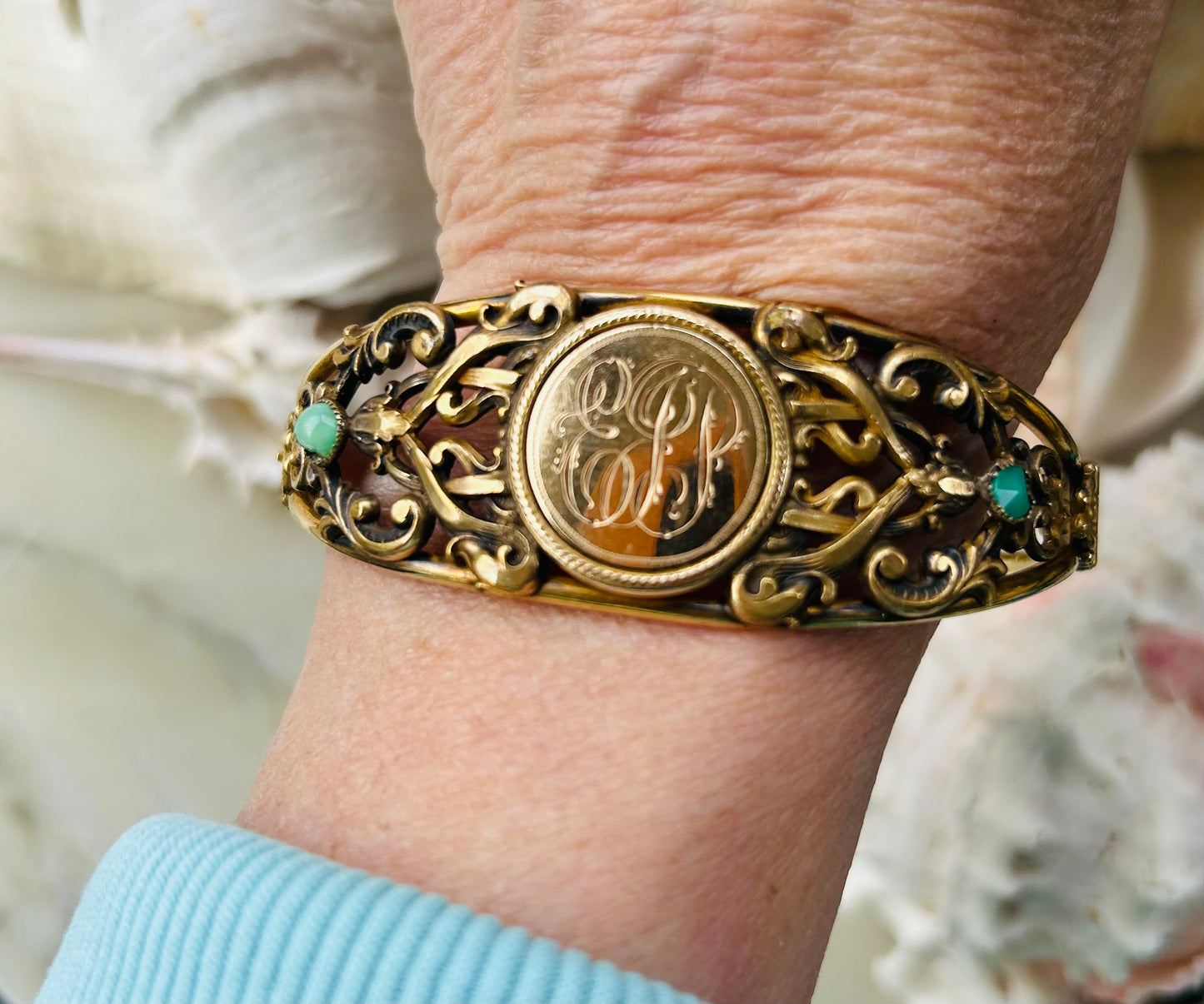 Engraved Cartouche Bracelet with Turquoise Accents